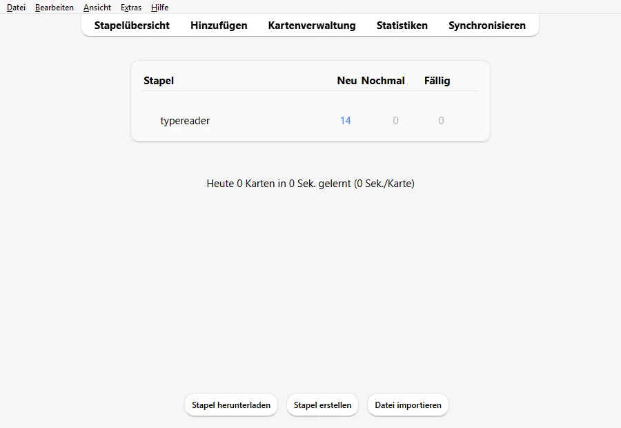 Ankis Stapelübersicht mit dem Stapel typereader