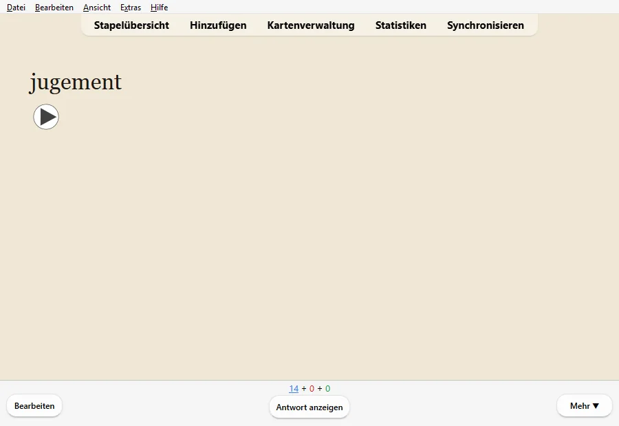 Vorderseite einer Karte: das Wort jugement und ein Abspielknopf