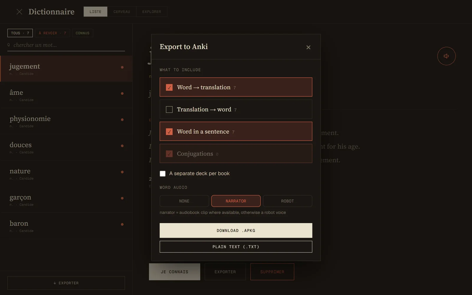 The export dialog with card types and audio options