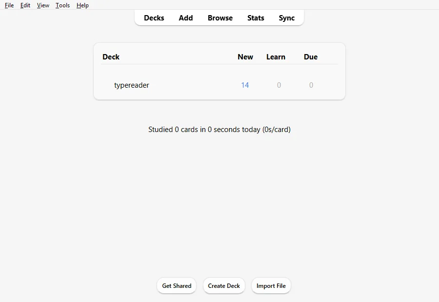 Anki's deck list with the typereader deck