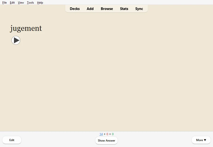 Front of a card: the word jugement and a play button