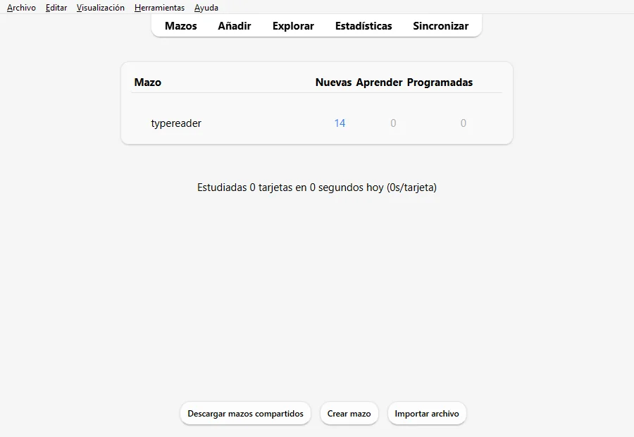 La lista de mazos de Anki con el mazo typereader