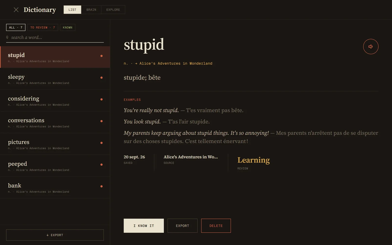 Le dictionnaire avec sept mots enregistrés