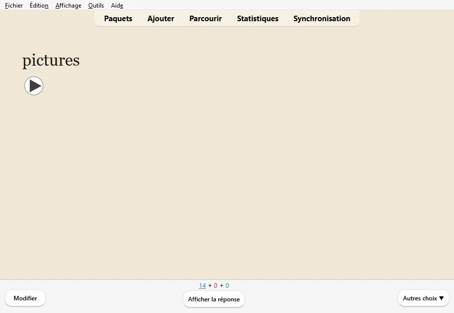 Recto d'une carte : le mot pictures et un bouton de lecture