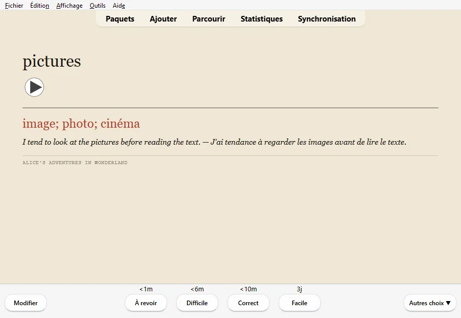 Verso de la carte avec la traduction et un exemple