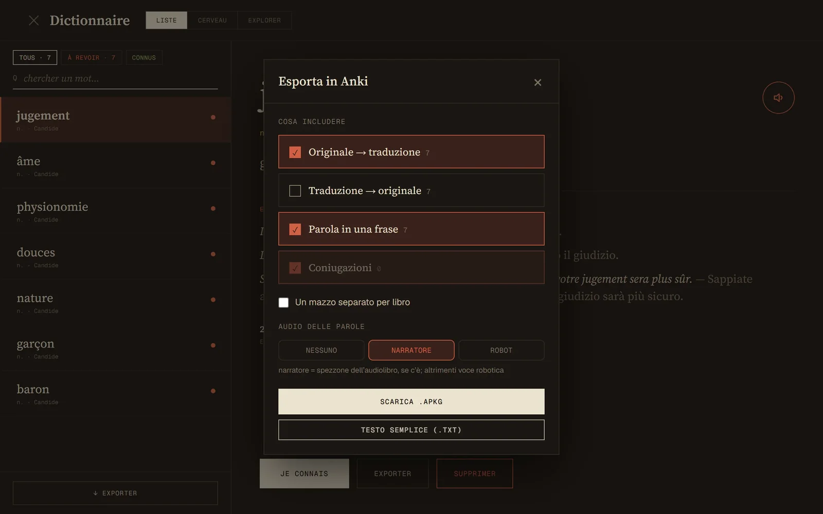 La finestra di esportazione con i tipi di carta e le opzioni audio