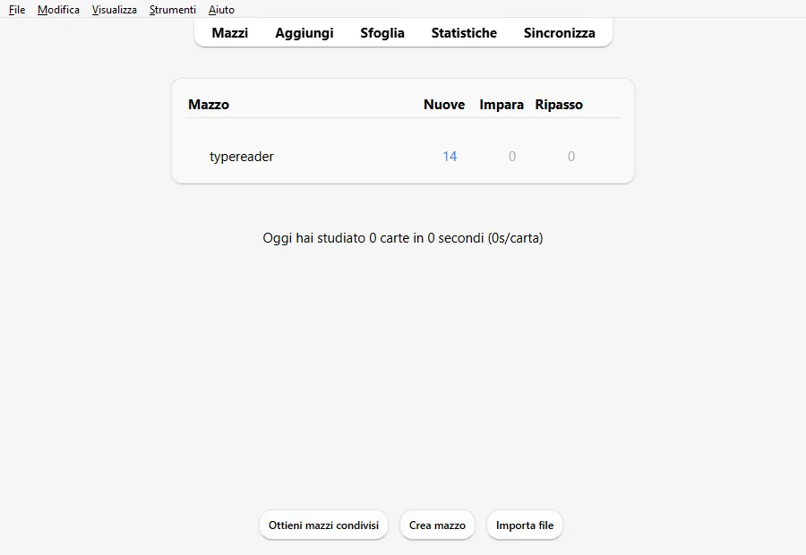 L'elenco dei mazzi di Anki con il mazzo typereader