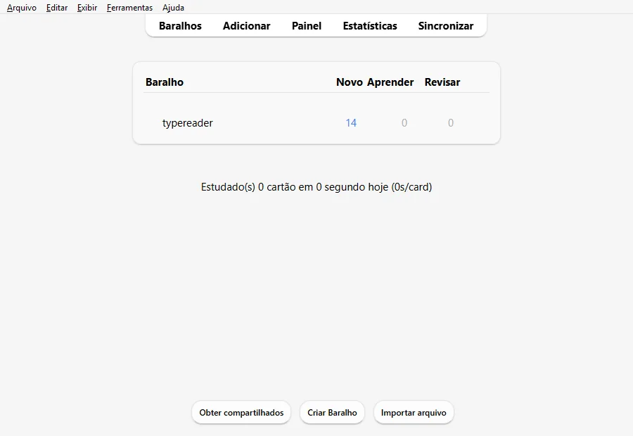 A lista de baralhos do Anki com o baralho typereader